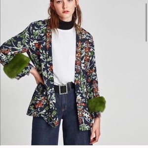 Zara floral and faux fur blazer